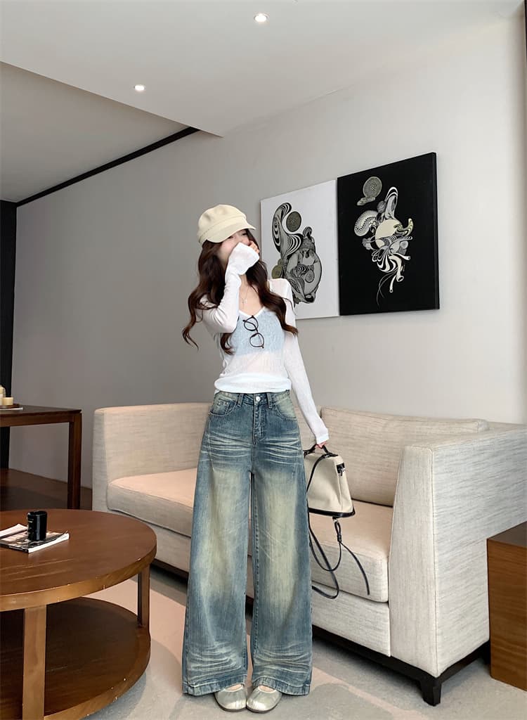 실사 아메리칸 레트로 대나무 마디 모통이 칼 청바지 여성 가을 높음 거리 디자인 센스 루즈핏 슬림해 보이는 넓은 다리 길이 바지 상세 이미지 14