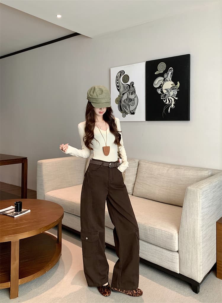 실사 레트로 워크웨어 주머니 와이드 레그 팬츠 청바지 여성 하이웨이스트 루즈핏 슬림해 보이는 모통이 칼 스트레이트 다용도 긴 바지 상세 이미지 18