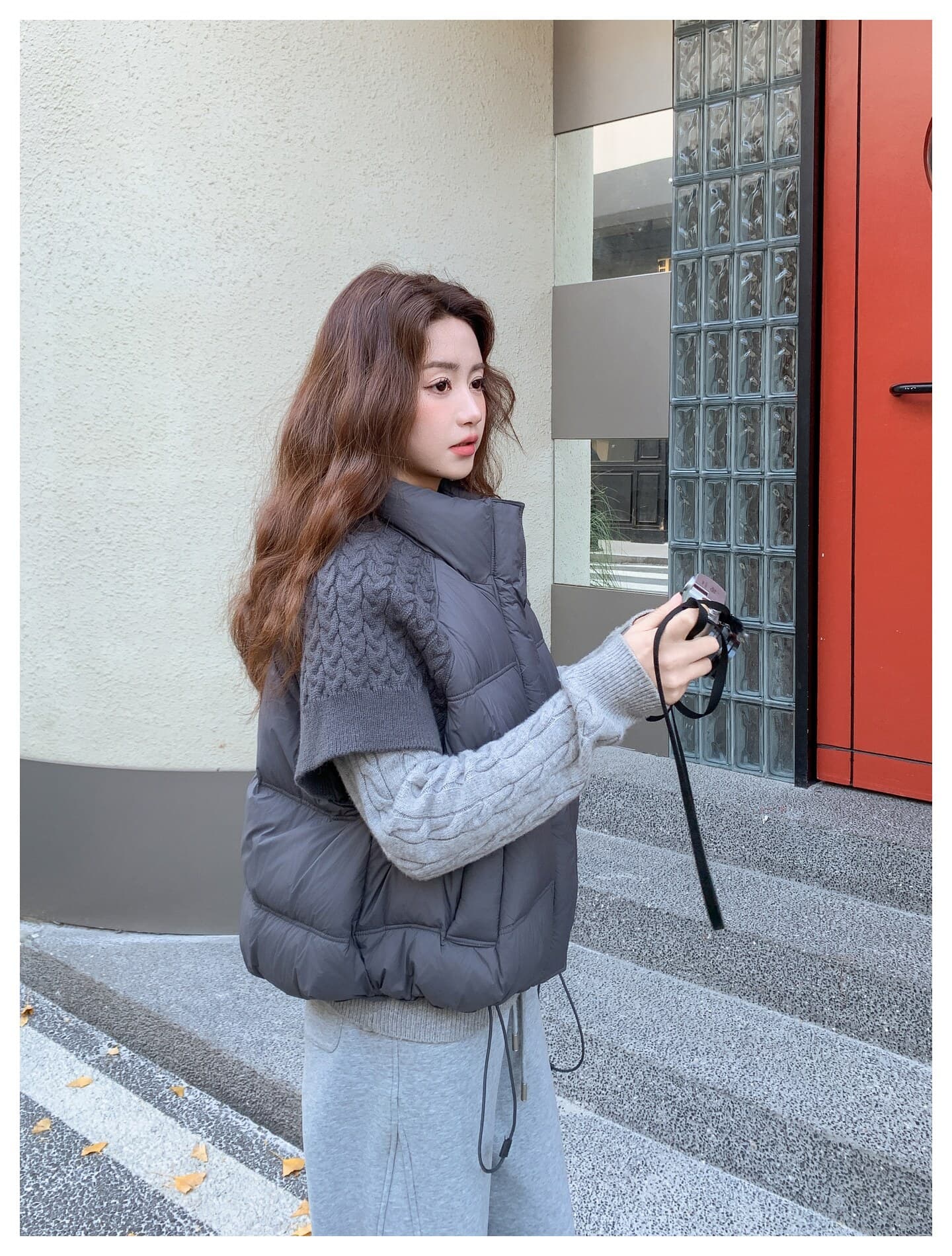 가을 겨울 새로운 니트 반소매 스탠드 칼라 면 의류 베스트 여성 짧은 외출용 한 부서 패션 조끼 어깨 재킷 상세 이미지 14