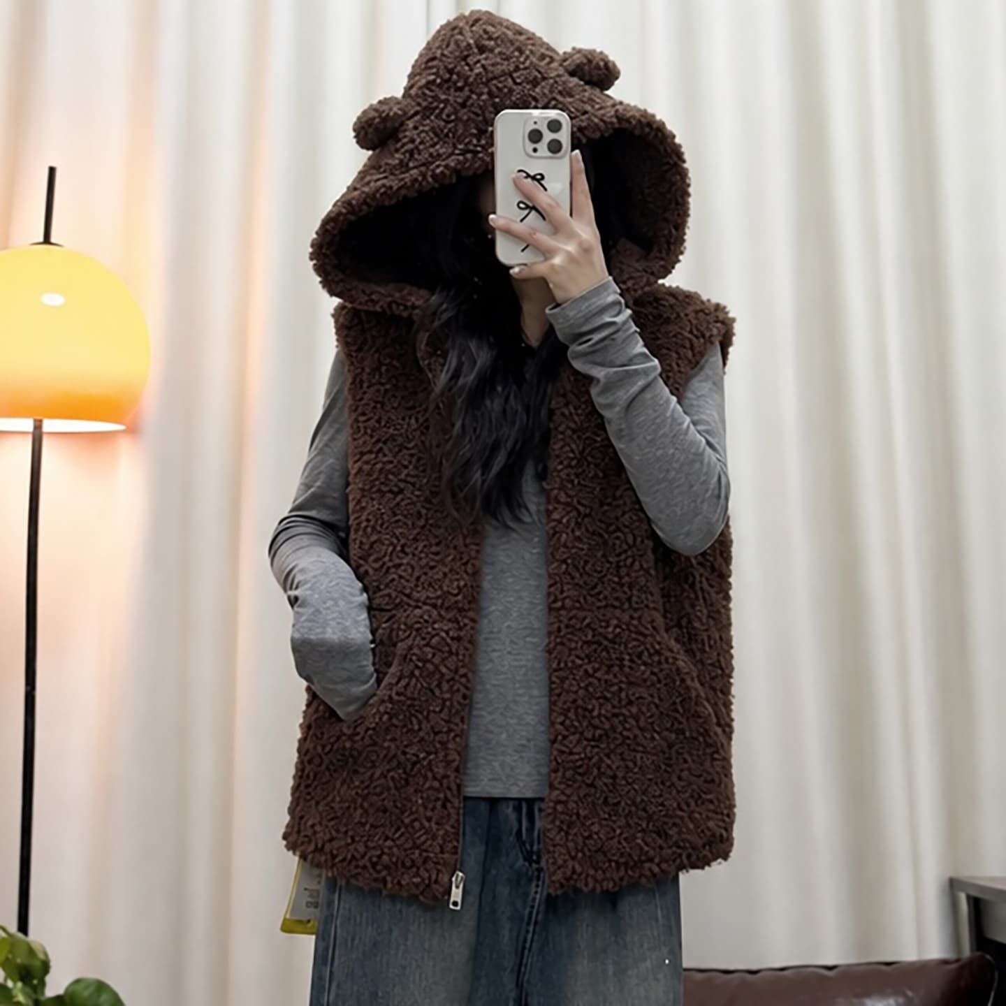 토끼 귀 후드 가을 겨울 새로운 양털 피모 하나 한 부서 루즈핏 민소매 조끼 조끼 여성 재킷 이미지 3