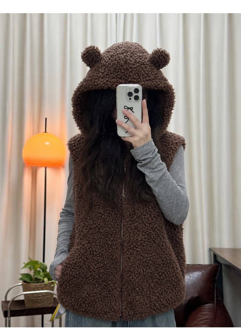 토끼 귀 후드 가을 겨울 새로운 양털 피모 하나 한 부서 루즈핏 민소매 조끼 조끼 여성 재킷 상세 이미지 3