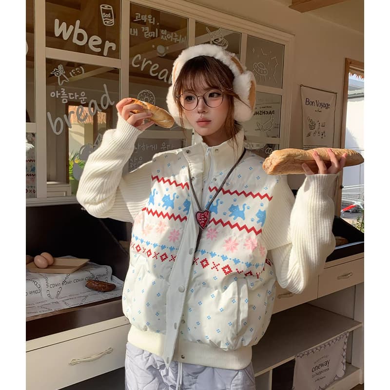 2026 겨울 새로운 달콤한 차가운 공정한 섬 패치워크 니트 스탠드 칼라 면 의류 여성 보온 패션 슬림해 보이는 면 옷 재킷