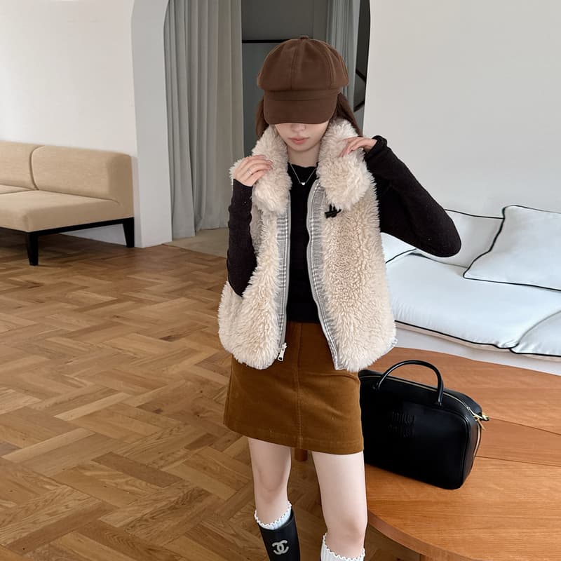 가을 겨울 새로운 양면 착용 천 그리드 버드 폴로 칼라 플리스 면 옷 베스트 조끼 여성 짧은 보온 한 부서 재킷 이미지 4