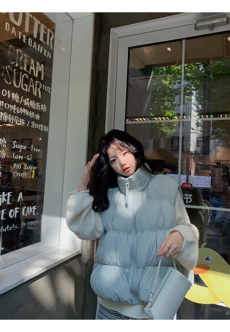 2026 겨울 새로운 무거운 작업 펌프 Pleat 스탠드 칼라 아래 면화 의류 여성 베스트 디자인 센스 보온 민소매 조끼 자켓 상세 이미지 18