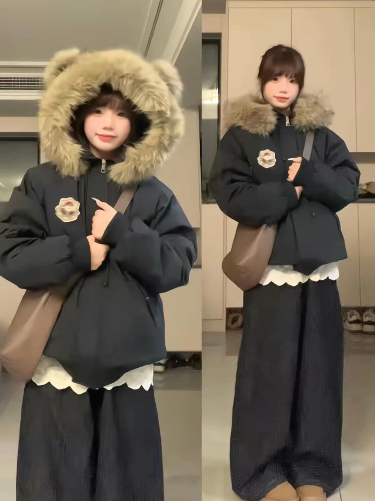 2026 겨울 학원 스타일 작은 곰 귀 모피 칼라 탈착식 재킷 면 옷 여성 두꺼운 보온 루즈핏 캐주얼 목화 진딧물 이미지 3