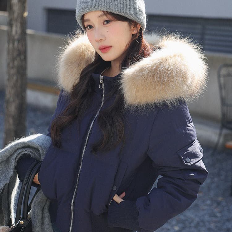 작은 마을 산산 2026 겨울 새로운 시뮬레이션 전갈 모피 칼라 면 의류 여성 방풍 쇼트 스타일 후드 작은 키 재킷 이미지 4