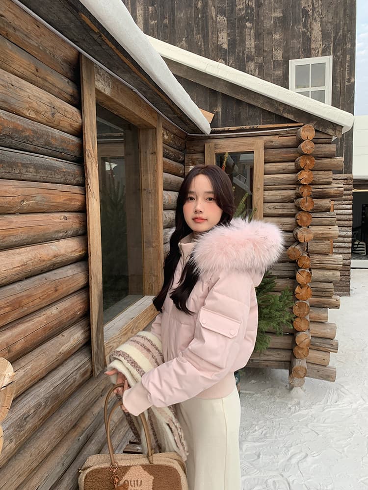 작은 마을 산산 2026 겨울 새로운 시뮬레이션 전갈 모피 칼라 면 의류 여성 방풍 쇼트 스타일 후드 작은 키 재킷 상세 이미지 8