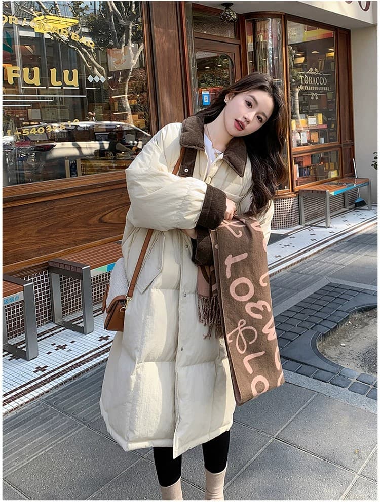 패션 미니멀리즘 빅 사이즈 패치워크 색상 다운 재킷 여성 겨울 루즈핏 슬림해 보이는 한 부서 중간 길이 보온 면 의류 재킷 상세 이미지 5