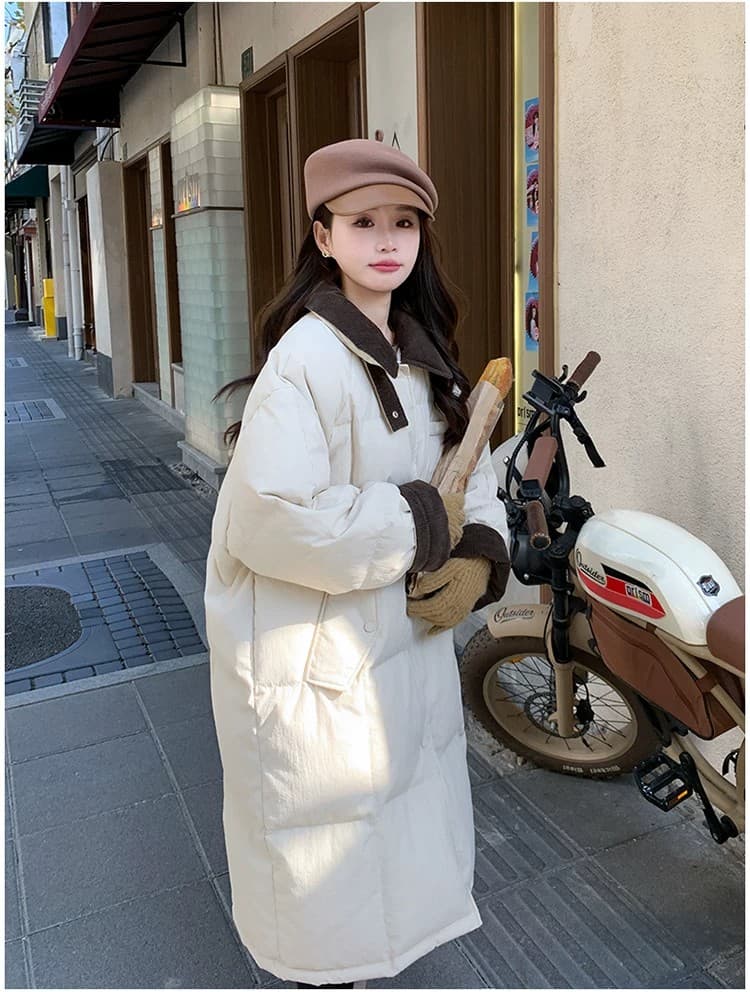 패션 미니멀리즘 빅 사이즈 패치워크 색상 다운 재킷 여성 겨울 루즈핏 슬림해 보이는 한 부서 중간 길이 보온 면 의류 재킷 상세 이미지 12