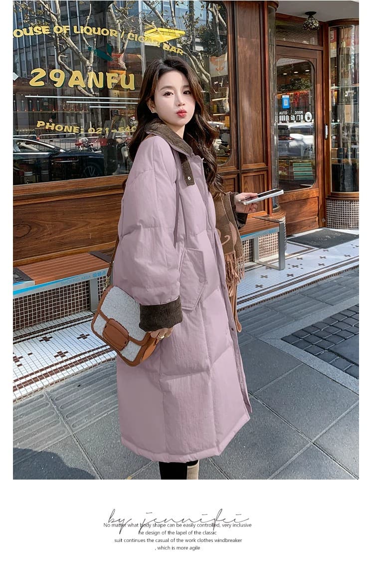 패션 미니멀리즘 빅 사이즈 패치워크 색상 다운 재킷 여성 겨울 루즈핏 슬림해 보이는 한 부서 중간 길이 보온 면 의류 재킷 상세 이미지 18