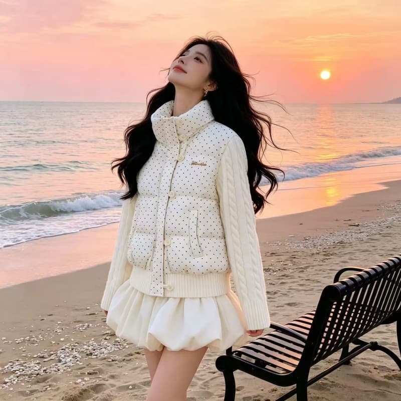 한 부서 달콤함 도트 무늬 니트 패치워크 긴팔 면 의류 여성 코트 겨울 새로운 루즈핏 두꺼운 쇼트 스타일 패딩 재킷 이미지 3