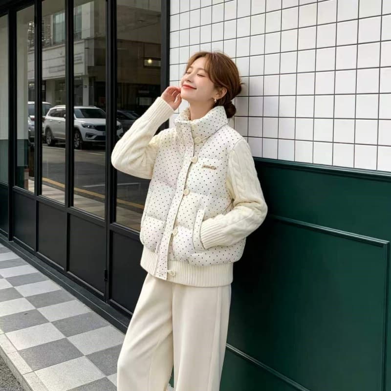 한 부서 달콤함 도트 무늬 니트 패치워크 긴팔 면 의류 여성 코트 겨울 새로운 루즈핏 두꺼운 쇼트 스타일 패딩 재킷 이미지 5