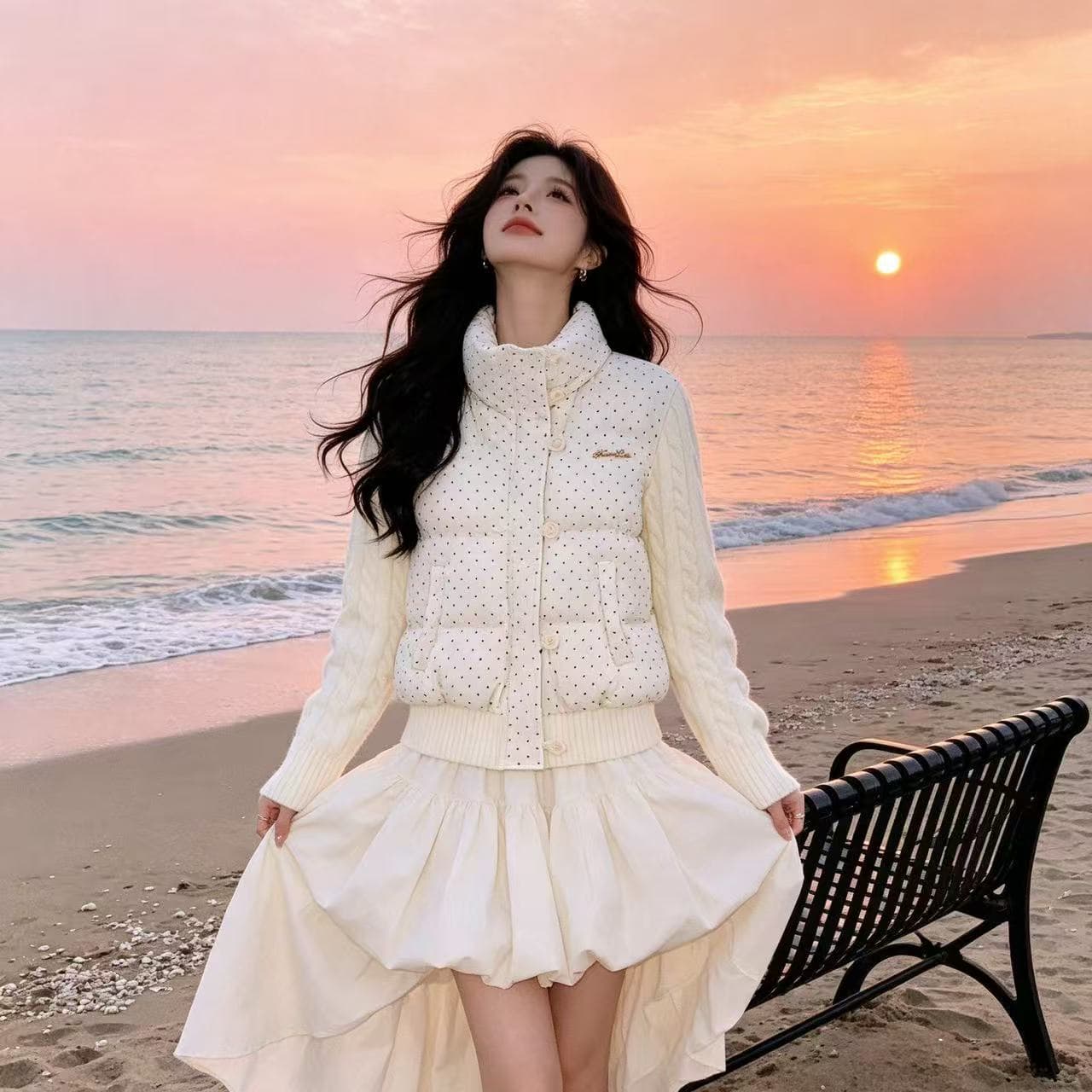 한 부서 달콤함 도트 무늬 니트 패치워크 긴팔 면 의류 여성 코트 겨울 새로운 루즈핏 두꺼운 쇼트 스타일 패딩 재킷 상세 이미지 3