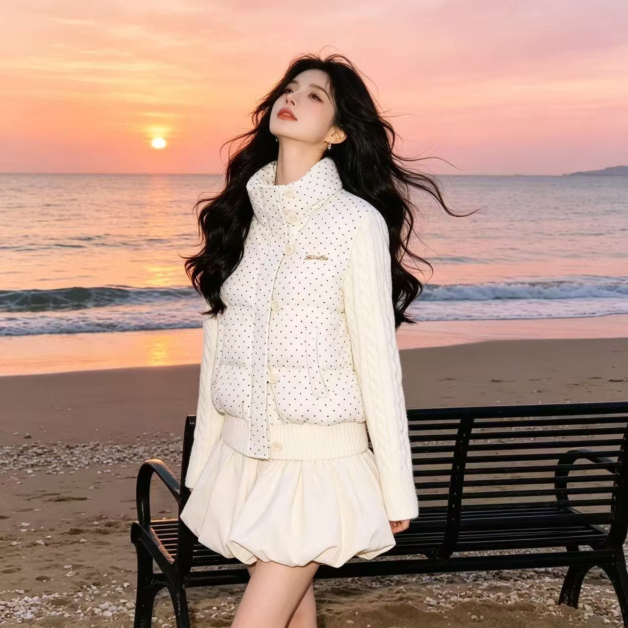 한 부서 달콤함 도트 무늬 니트 패치워크 긴팔 면 의류 여성 코트 겨울 새로운 루즈핏 두꺼운 쇼트 스타일 패딩 재킷 상세 이미지 6