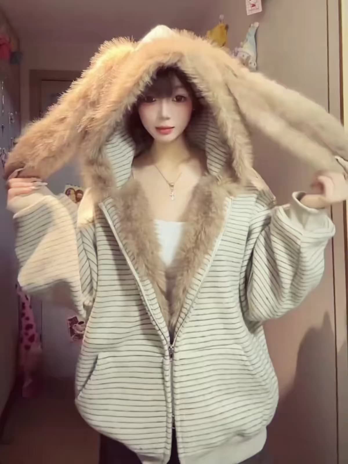 아메리칸 레트로 조수 브랜드 스트라이프 토끼 귀 털이 있는 오픈 가디건 면 에 따르면 여성 가을 겨울 새로운 후드 커플 모피 칼라 두꺼움 재킷 상세 이미지 5