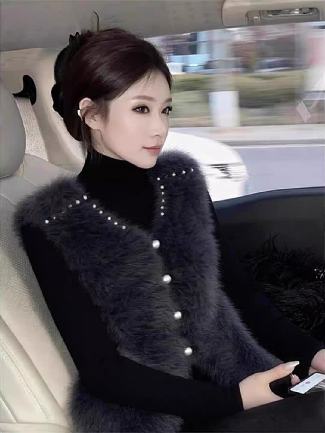 2026 패션 외국 가스 세련된 고급 대기 상급 고급 센스 검정색 수달 스웨터 조끼 여자 겨울 상세 이미지 3