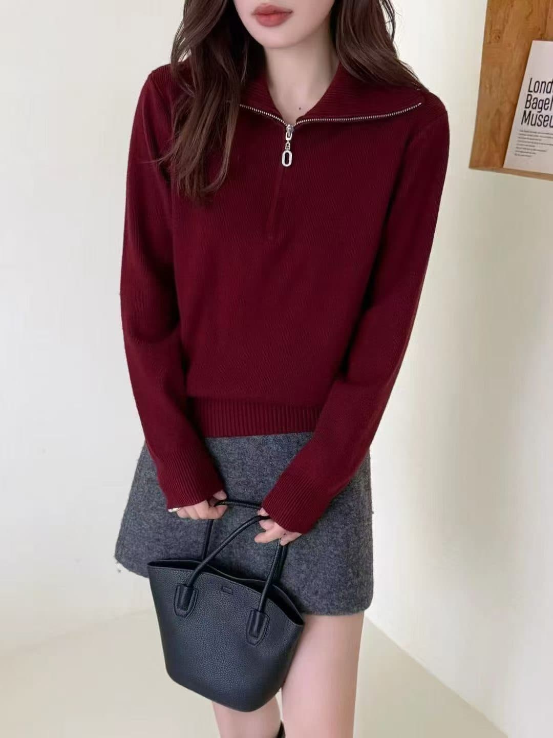 가을 새로운 기본 셔츠 여성 루즈핏 하이넥 지퍼 가을 겨울 스웨터 풀오버 유럽 상품 상세 이미지 1