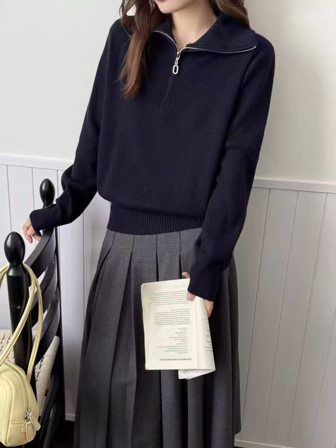 가을 새로운 기본 셔츠 여성 루즈핏 하이넥 지퍼 가을 겨울 스웨터 풀오버 유럽 상품 상세 이미지 3