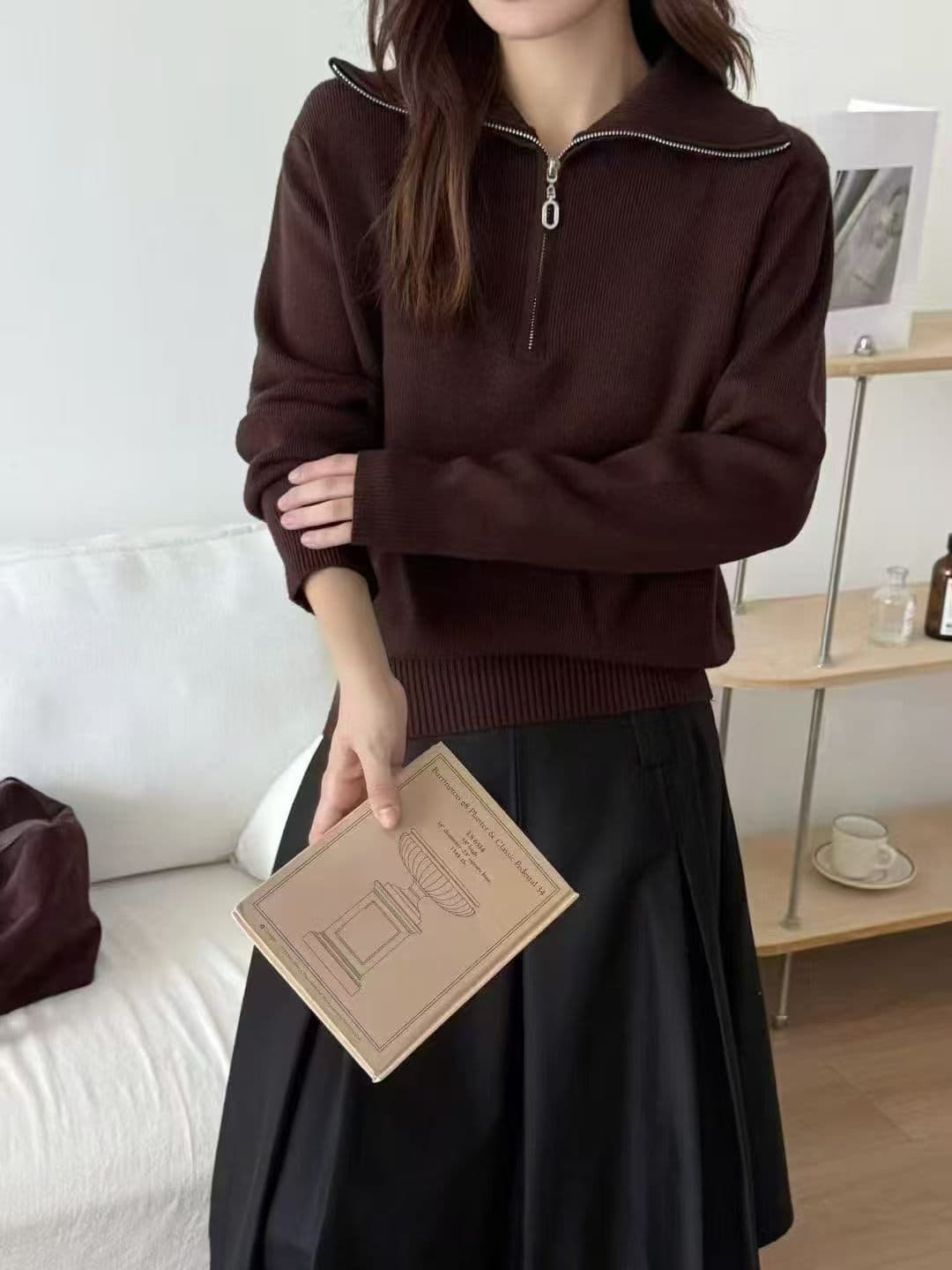 가을 새로운 기본 셔츠 여성 루즈핏 하이넥 지퍼 가을 겨울 스웨터 풀오버 유럽 상품 상세 이미지 4