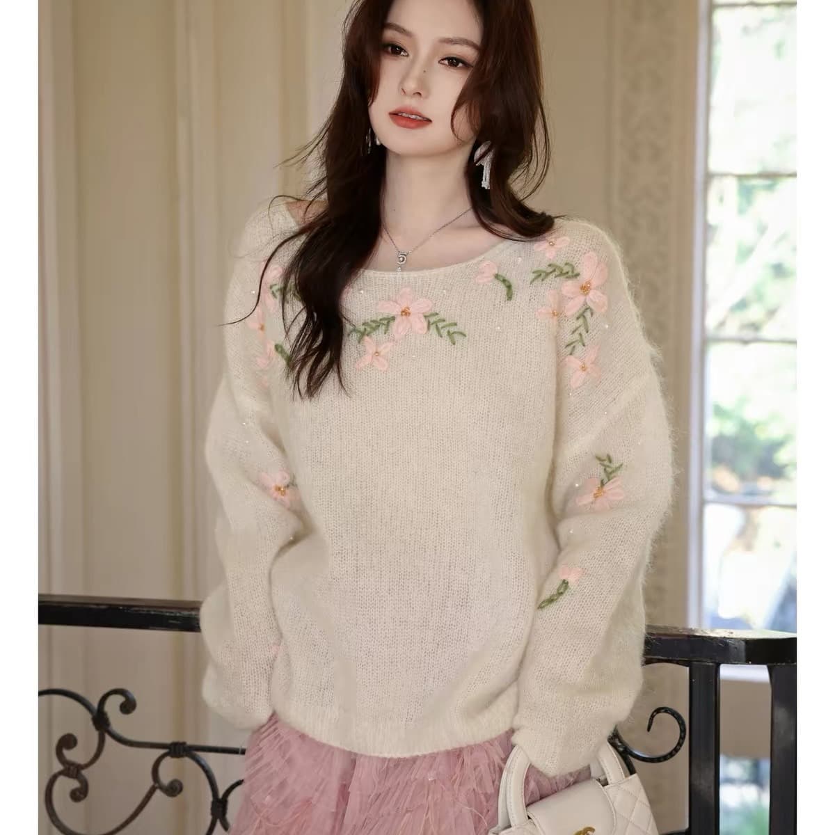 포도 나무 꽃 모헤어 양모 금 비율 맞춤 수공 자수 자수 스웨터 니트 스웨터 이미지 5