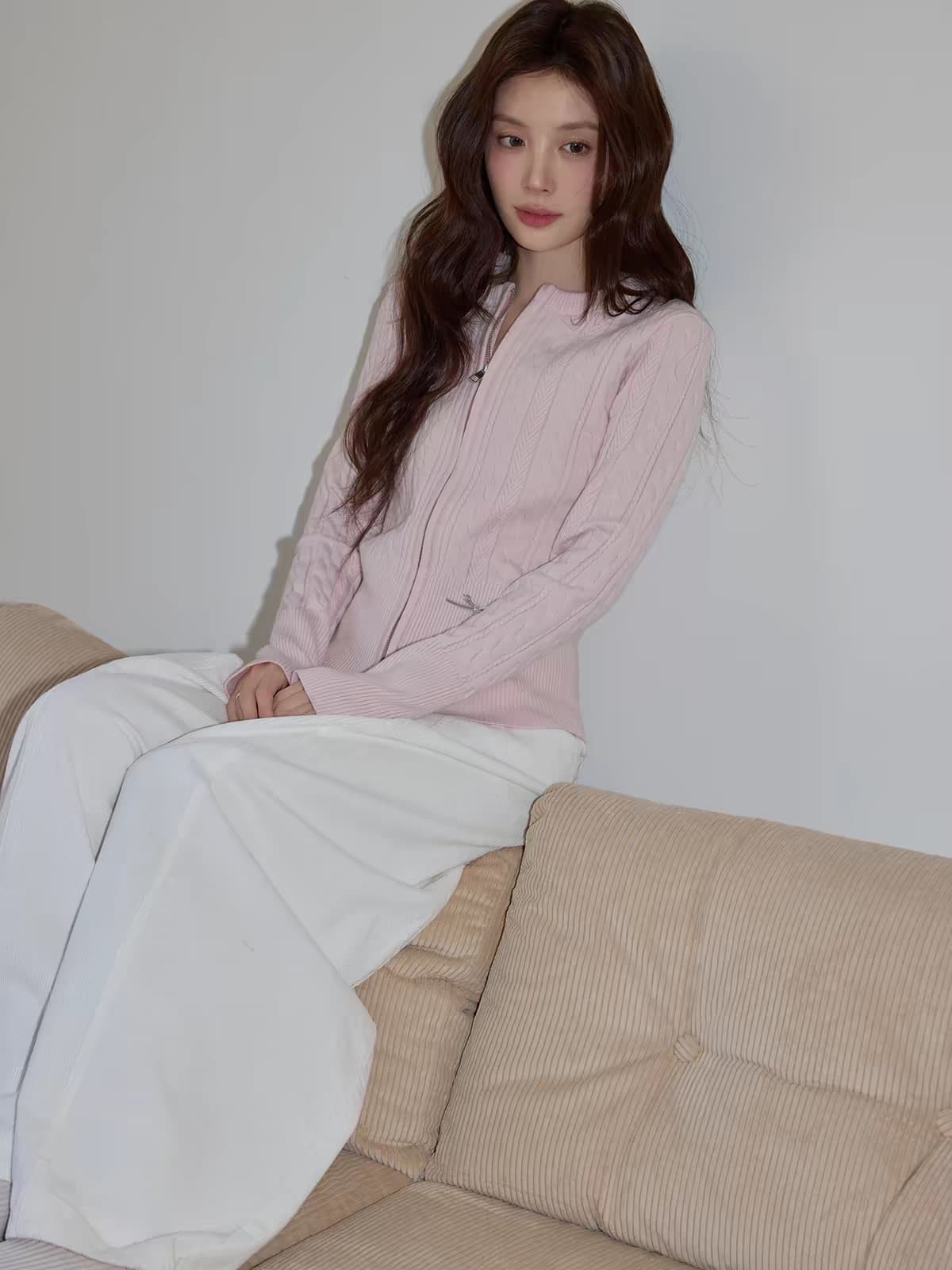시끄러운 홈 한 부서 핑크색 라운드 넥 꽈배기 니트 오픈 가디건 여성 여름 캐주얼 몸매 가꾸기 에어컨 객실 지퍼 재킷