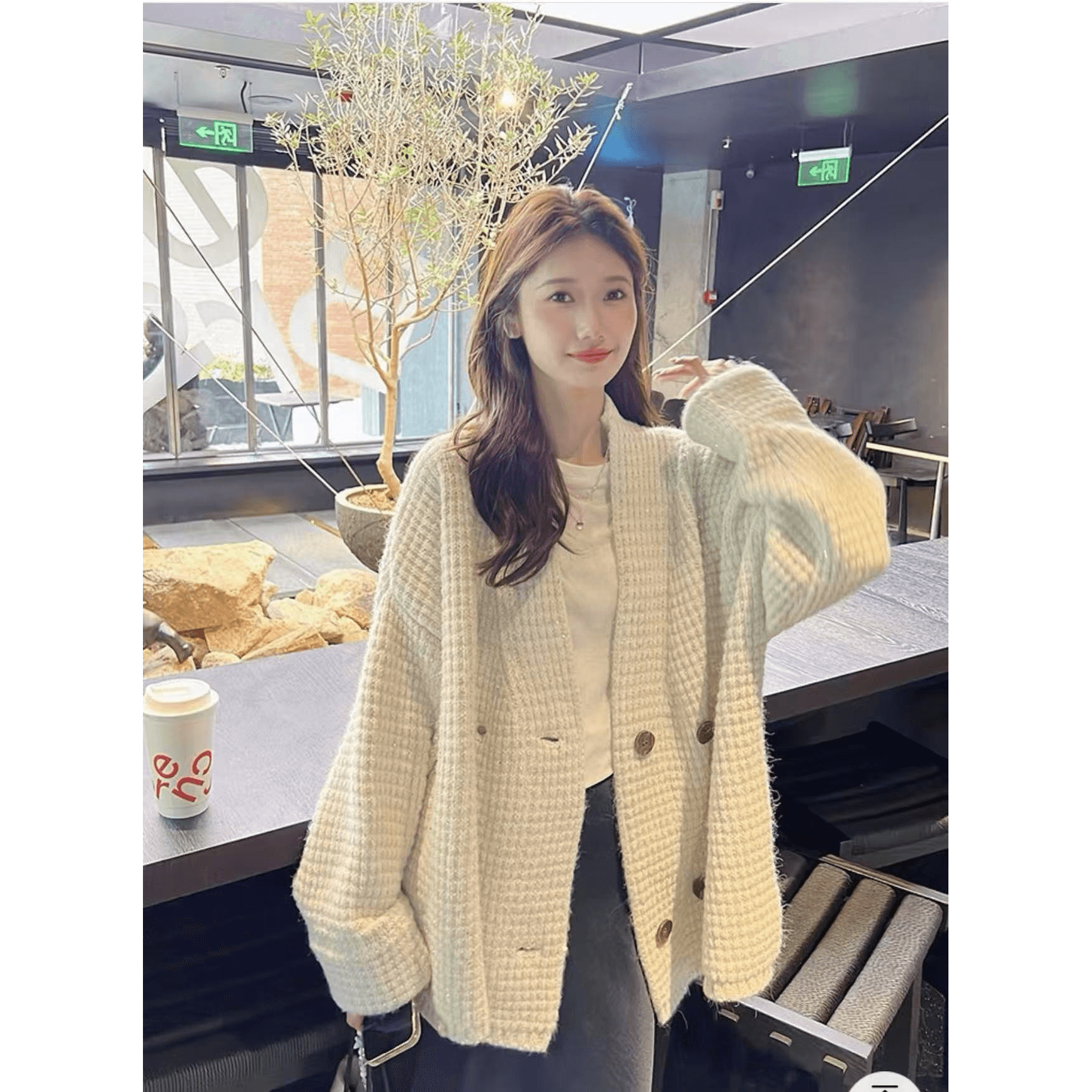느긋한 루즈핏 스웨터 오픈 가디건 여성 코트 가을 맨위 니트 디자인 센스 V넥 고급 센스 이미지 5