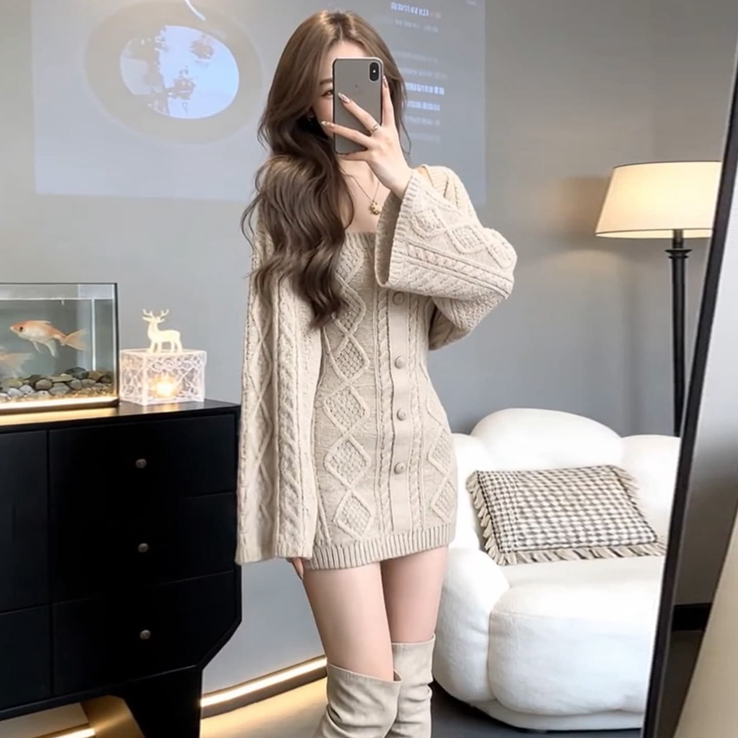 프랑스식 순수한 욕망 바람 카키 색 튜브탑 니트 드레스 아이들 가을 겨울 2026 그레이트 통해보기 가져 가라. 에이즈 환자 세트 이미지 4