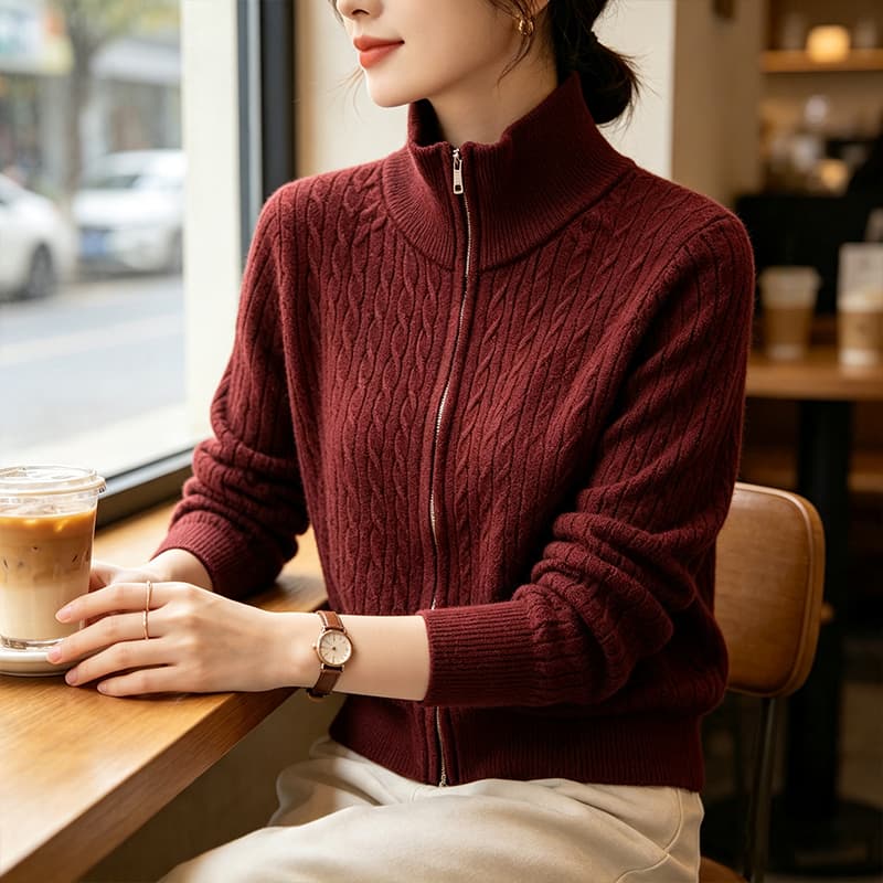 2026 반하이넥 지퍼 느긋한 바람 스웨터 여성 코트 가을 겨울철 새로운 디자인 센스 니트 오픈 가디건 두꺼움 맨위 이미지 3
