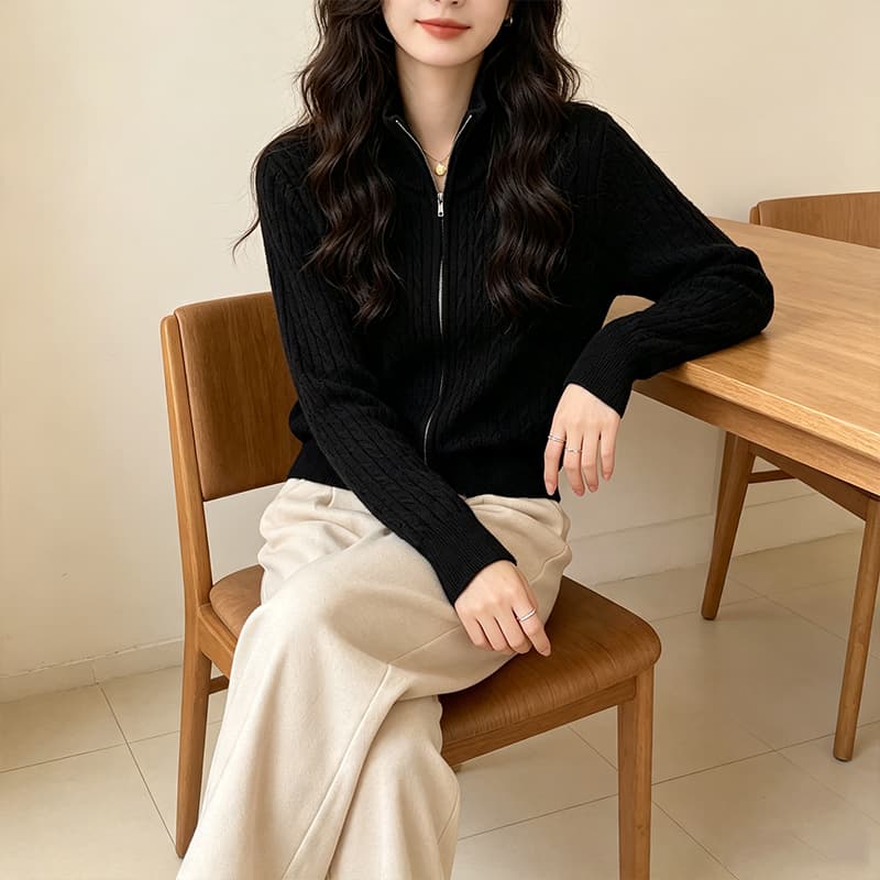 2026 반하이넥 지퍼 느긋한 바람 스웨터 여성 코트 가을 겨울철 새로운 디자인 센스 니트 오픈 가디건 두꺼움 맨위 상세 이미지 12
