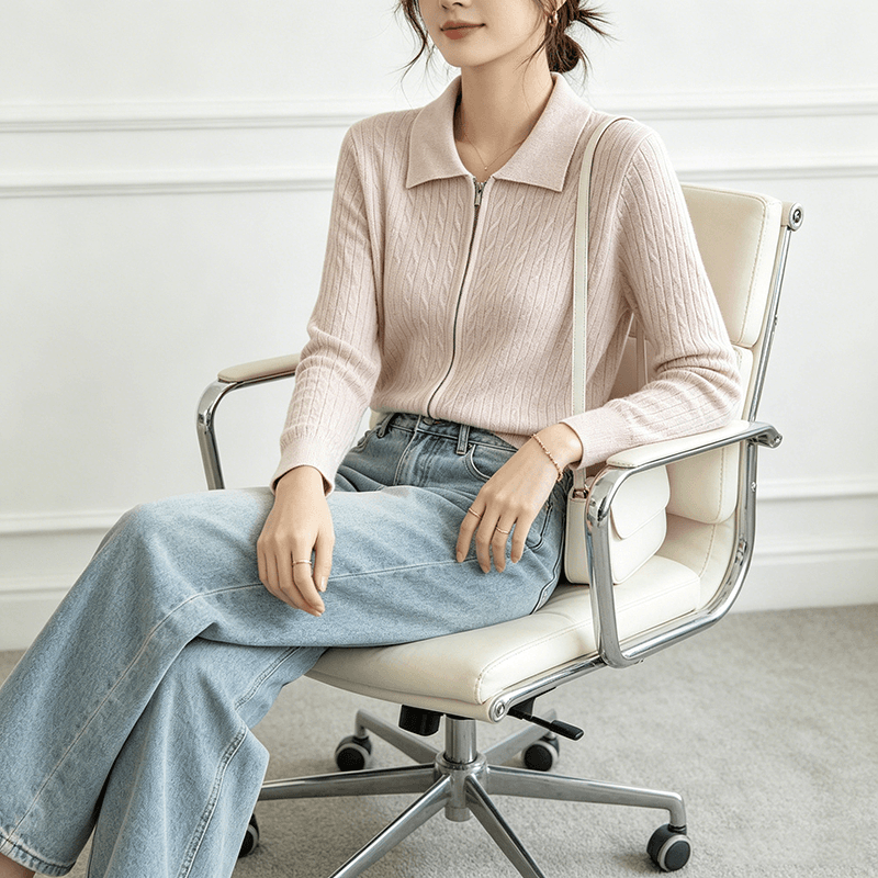 더블 지퍼 스웨터 오픈 가디건 니트 재킷 여성 짧은 POLO 칼라 긴팔 한국 스타일 루즈핏 느긋한 바람 폴로 칼라 맨위 상세 이미지 3