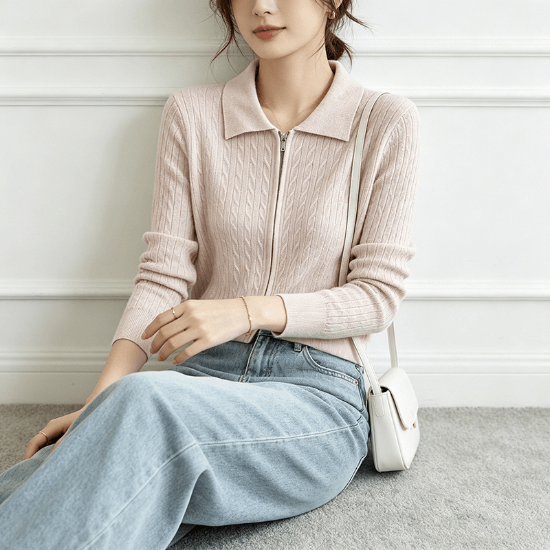더블 지퍼 스웨터 오픈 가디건 니트 재킷 여성 짧은 POLO 칼라 긴팔 한국 스타일 루즈핏 느긋한 바람 폴로 칼라 맨위 상세 이미지 4