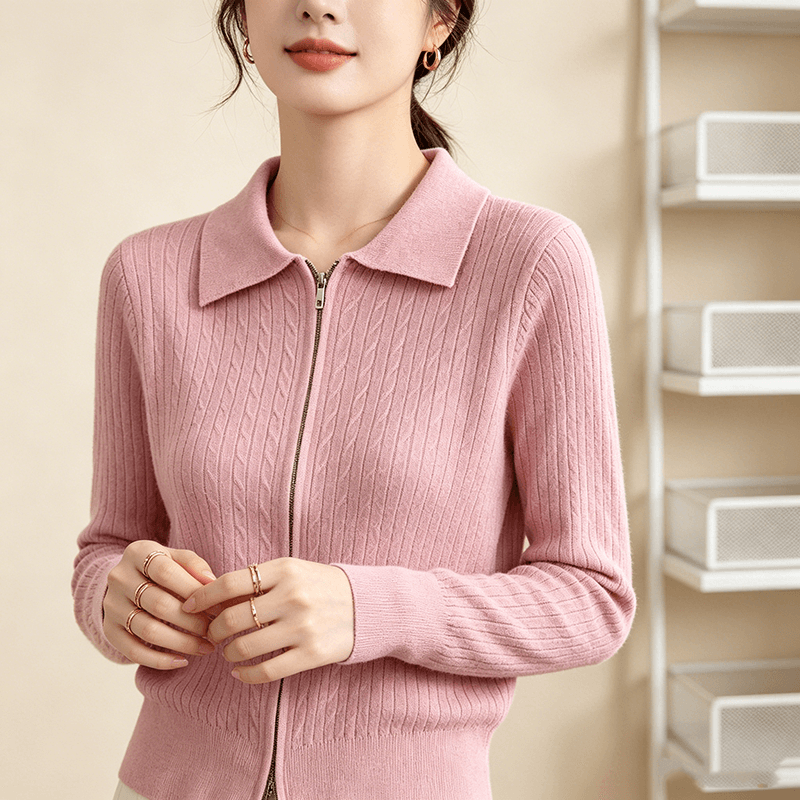 더블 지퍼 스웨터 오픈 가디건 니트 재킷 여성 짧은 POLO 칼라 긴팔 한국 스타일 루즈핏 느긋한 바람 폴로 칼라 맨위 상세 이미지 14