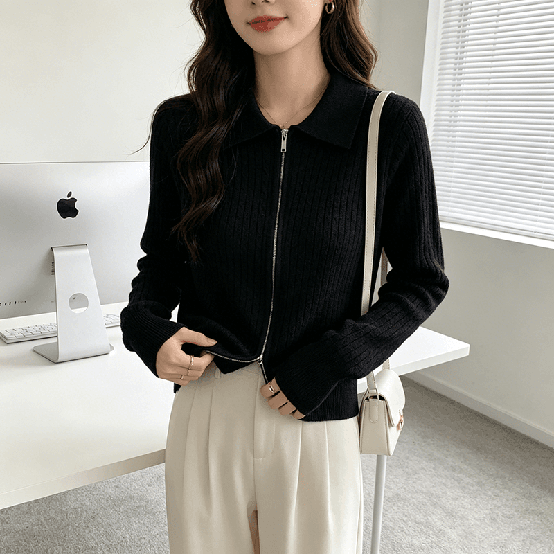 더블 지퍼 스웨터 오픈 가디건 니트 재킷 여성 짧은 POLO 칼라 긴팔 한국 스타일 루즈핏 느긋한 바람 폴로 칼라 맨위 상세 이미지 17