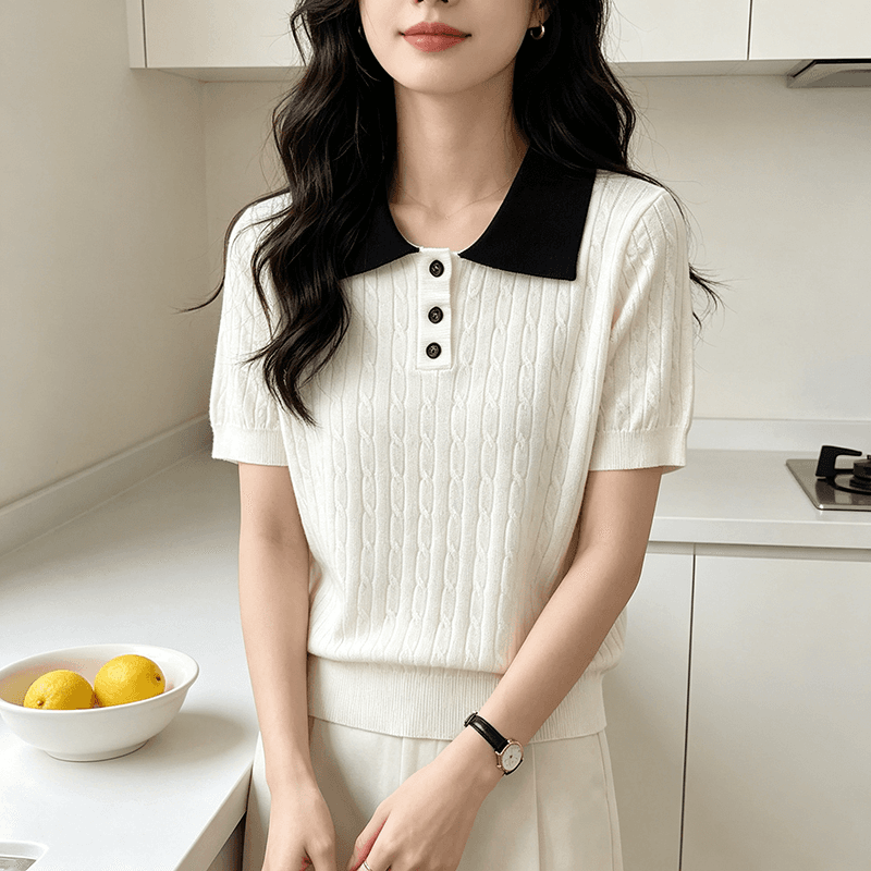 2026 배색 POLO 칼라 니트 스웨터 여성 여름 새로운 한 부서 품격 연령 감소 출퇴근 슬림해 보이는 반팔 맨위 이미지 4