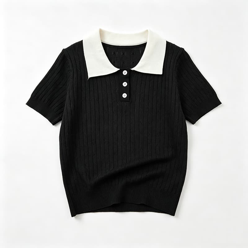 2026 배색 POLO 칼라 니트 스웨터 여성 여름 새로운 한 부서 품격 연령 감소 출퇴근 슬림해 보이는 반팔 맨위 상세 이미지 1