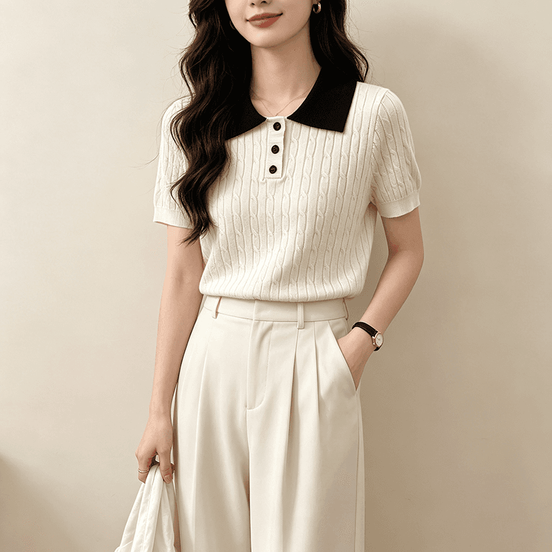 2026 배색 POLO 칼라 니트 스웨터 여성 여름 새로운 한 부서 품격 연령 감소 출퇴근 슬림해 보이는 반팔 맨위 상세 이미지 3