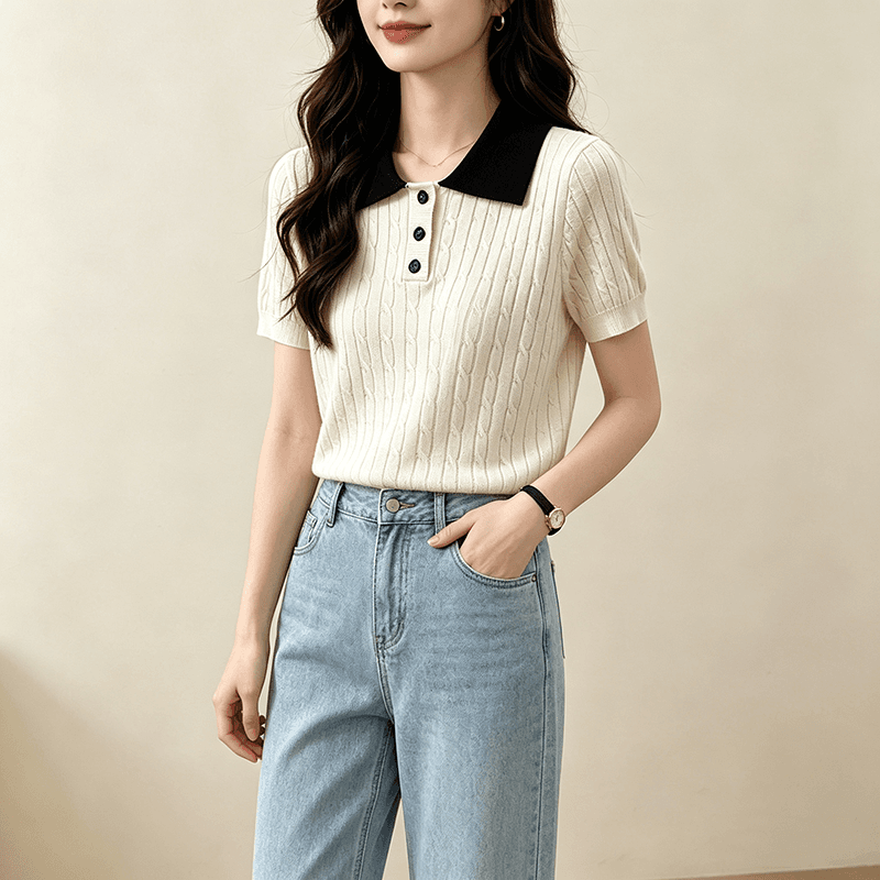 2026 배색 POLO 칼라 니트 스웨터 여성 여름 새로운 한 부서 품격 연령 감소 출퇴근 슬림해 보이는 반팔 맨위 상세 이미지 4