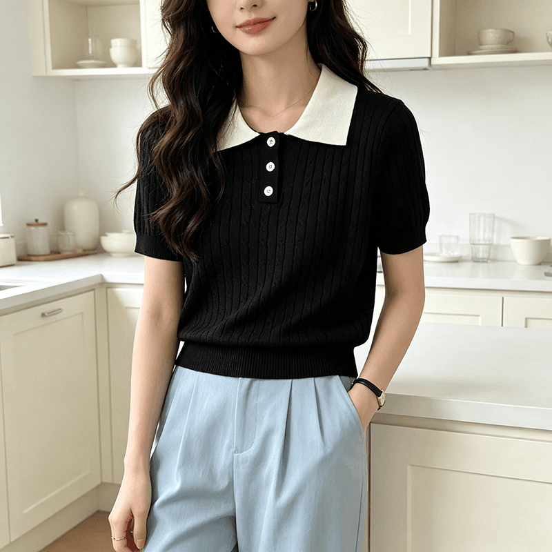 2026 배색 POLO 칼라 니트 스웨터 여성 여름 새로운 한 부서 품격 연령 감소 출퇴근 슬림해 보이는 반팔 맨위 상세 이미지 5