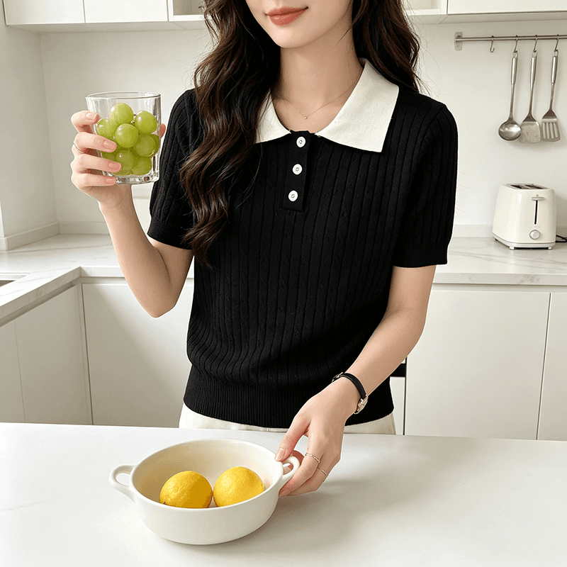 2026 배색 POLO 칼라 니트 스웨터 여성 여름 새로운 한 부서 품격 연령 감소 출퇴근 슬림해 보이는 반팔 맨위 상세 이미지 6