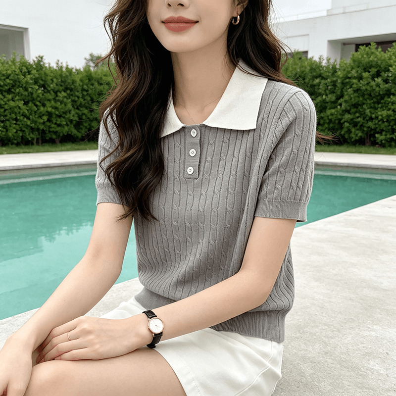 2026 배색 POLO 칼라 니트 스웨터 여성 여름 새로운 한 부서 품격 연령 감소 출퇴근 슬림해 보이는 반팔 맨위 상세 이미지 9