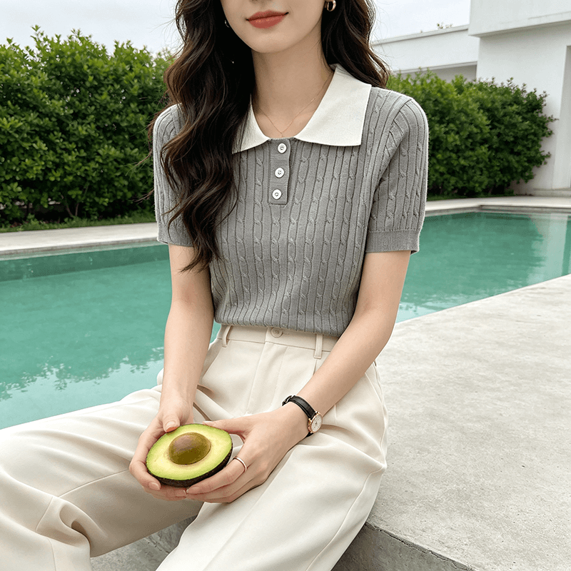 2026 배색 POLO 칼라 니트 스웨터 여성 여름 새로운 한 부서 품격 연령 감소 출퇴근 슬림해 보이는 반팔 맨위 상세 이미지 10