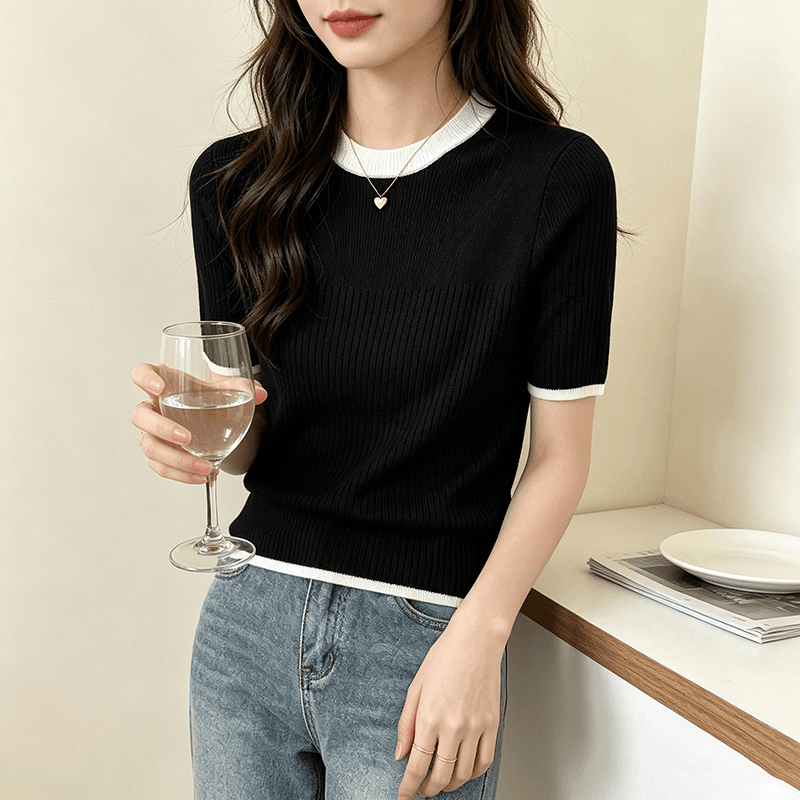 실사 2026 새로운 외국 가스 패치워크 색상 니트 반팔 맨위 다용도 학생 티셔츠 이미지 3