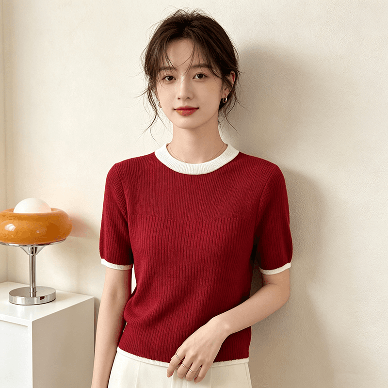 실사 2026 새로운 외국 가스 패치워크 색상 니트 반팔 맨위 다용도 학생 티셔츠 상세 이미지 2