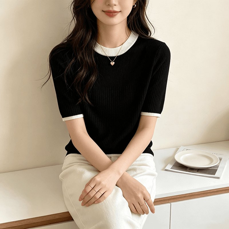 실사 2026 새로운 외국 가스 패치워크 색상 니트 반팔 맨위 다용도 학생 티셔츠 상세 이미지 6
