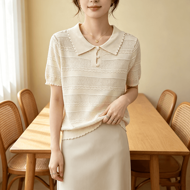 실사 프랑스식 오래된 돈 바람 홀로우 아웃 레이스 POLO 칼라 반팔 니트 스웨터 여성 여름 고유 한 고급 차 자수 맨위