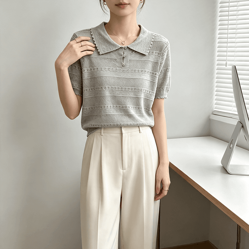 실사 프랑스식 오래된 돈 바람 홀로우 아웃 레이스 POLO 칼라 반팔 니트 스웨터 여성 여름 고유 한 고급 차 자수 맨위 이미지 2