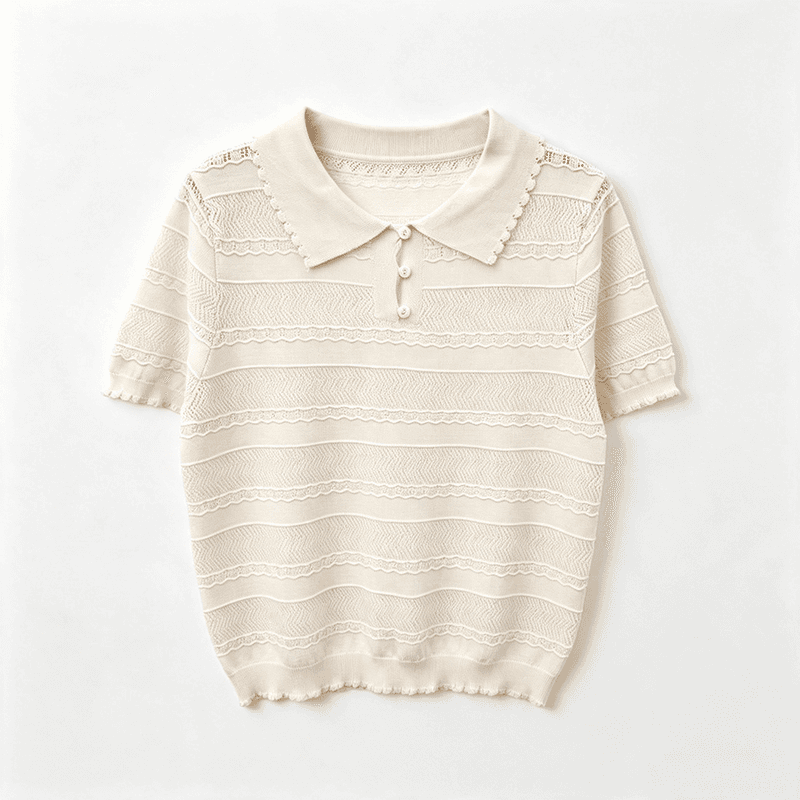 실사 프랑스식 오래된 돈 바람 홀로우 아웃 레이스 POLO 칼라 반팔 니트 스웨터 여성 여름 고유 한 고급 차 자수 맨위 이미지 5