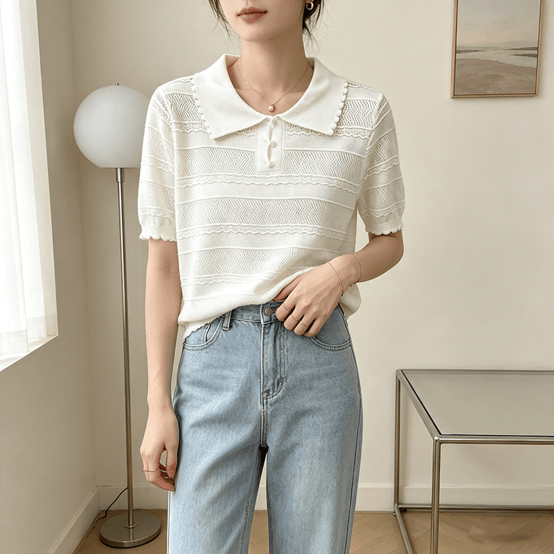 실사 프랑스식 오래된 돈 바람 홀로우 아웃 레이스 POLO 칼라 반팔 니트 스웨터 여성 여름 고유 한 고급 차 자수 맨위 상세 이미지 4