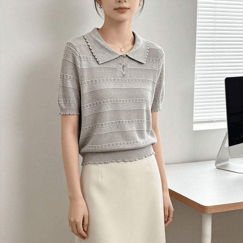 실사 프랑스식 오래된 돈 바람 홀로우 아웃 레이스 POLO 칼라 반팔 니트 스웨터 여성 여름 고유 한 고급 차 자수 맨위 상세 이미지 7