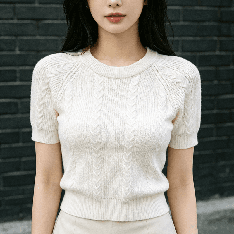 2026 이른 가을 한국 ins 품격 캐주얼 두꺼운 단색 반팔 부드러운 찹쌀 니트 맨위 스웨터 상세 이미지 3